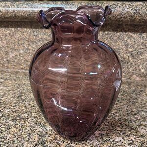 Vintage Hand Blown Purple Clear Glass Bowl Vase Ruffled Top 5"w x 7”Tall